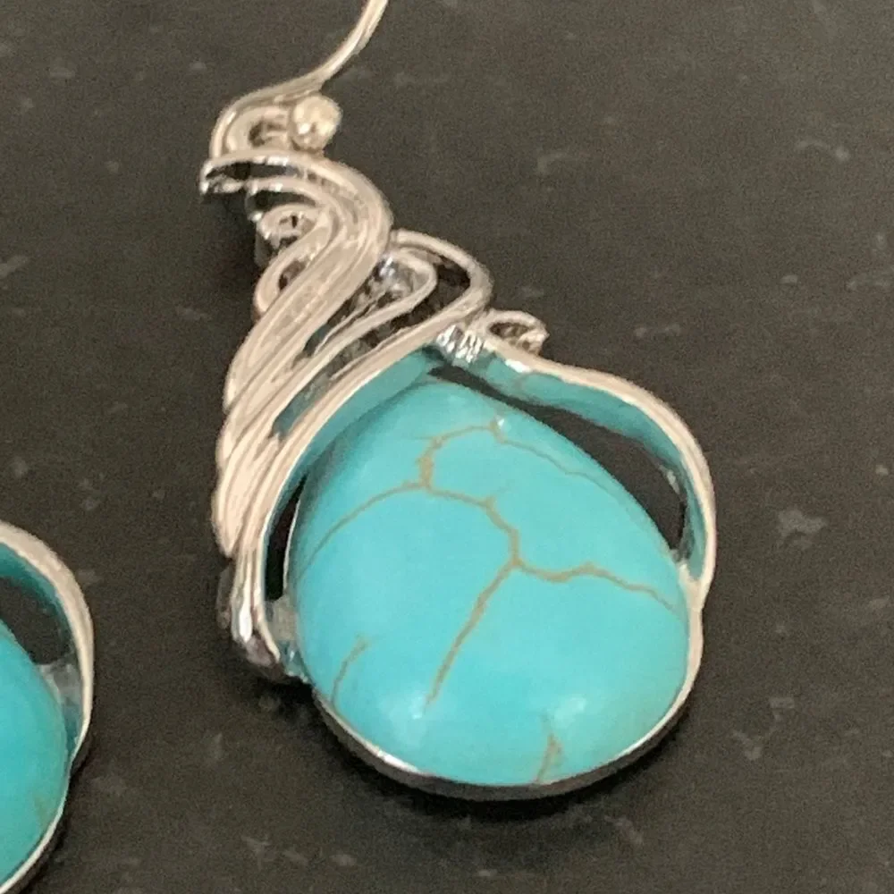 Western Southwestern Silver & Faux Turquoise Color Drop Earrings
